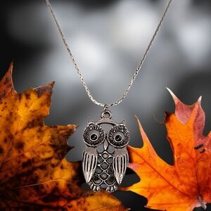 Owl Pendant Necklace Antiqued Silver Tone Open Work Filigree Hippie Bohemian